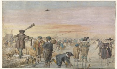 Zimowa scena na lodzie z myśliwym pokazującym wydrę autorstwa Hendrick Avercamp