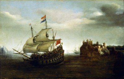 Holenderska łódź płynąca w pobliżu zamku, w pobliżu skalistego wybrzeża. Olej na drewnie autorstwa Hendrick Cornelisz Vroom