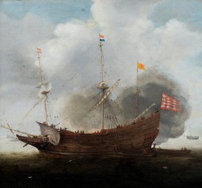 Okręt wojenny (olej na panelu) autorstwa Hendrick Cornelisz Vroom