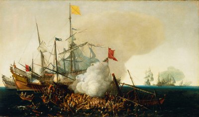 Hiszpańscy żołnierze walczący z barbarzyńskimi korsarzami autorstwa Hendrick Cornelisz Vroom