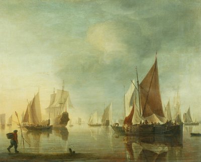 Żegluga na kotwicy na morzu na spokojnym morzu; światło wieczorne, ok. 1650-60 (olej na desce) autorstwa Hendrick Dubbels