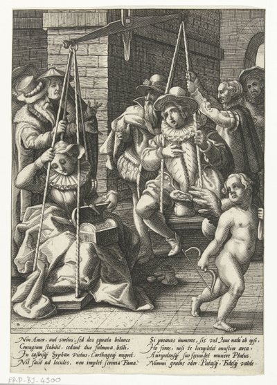 Wagi małżeństwa Pieniądze to prawdziwa miłość Skala ślubu Przysłowia według Karela van Mandera (tytuł serii) autorstwa Hendrick Goltzius (attributed to workshop of)