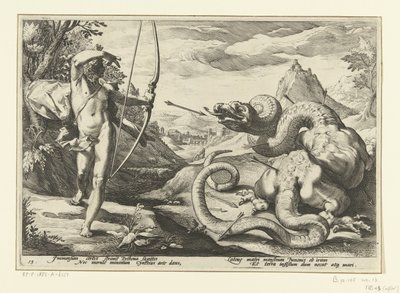 Apollo zabija gigantycznego węża Pythona Metamorfozy Owidiusza (tytuł serii) autorstwa Hendrick Goltzius (workshop of)