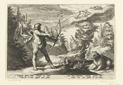 Arcas celuje strzałą w Callisto Metamorfozy Owidiusza (tytuł serii) autorstwa Hendrick Goltzius (workshop of)