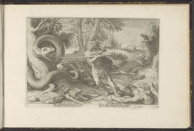 Kadmus zabija smoka Metamorfozy Owidiusza (tytuł serii) Odtworzenia P. Ovidiusa Naso (tytuł serii) autorstwa Hendrick Goltzius (workshop of)