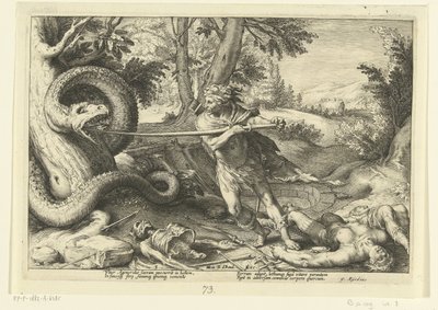 Kadmus zabija smoka Metamorfozy Owidiusza (tytuł serii) autorstwa Hendrick Goltzius (workshop of)