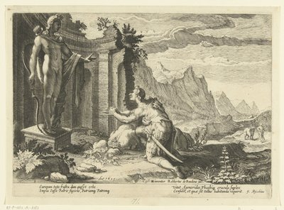 Cadmus pyta wyrocznię Delf, co zrobić teraz, gdy nie mógł znaleźć swojej siostry Europy Metamorfozy Owidiusza (tytuł serii) autorstwa Hendrick Goltzius (workshop of)