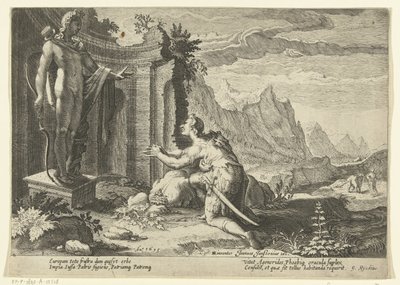 Kadmus pyta wyrocznię Delf, co zrobić teraz, gdy nie mógł znaleźć swojej siostry Europy Metamorfozy Owidiusza (tytuł serii) autorstwa Hendrick Goltzius (workshop of)