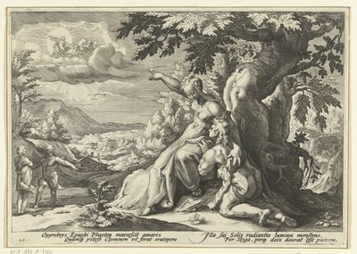 Clymene przypisuje Phaethona swojemu ojcu, bogowi słońca Metamorfozy Owidiusza (tytuł serii) autorstwa Hendrick Goltzius (workshop of)