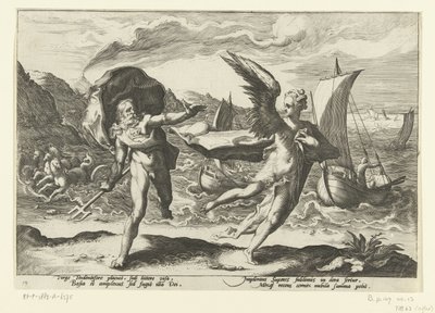 Gzyms zamienia się w een kraai Neptun i Koronis Metamorfosen Owidiusza (tytuł serii) autorstwa Hendrick Goltzius (workshop of)