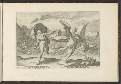 Cornix zamienia się w wronę Metamorfozy Owidiusza (tytuł serii) Odtworzenia P. Ovidiusa Naso (tytuł serii) autorstwa Hendrick Goltzius (workshop of)