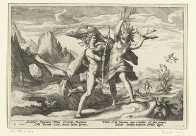 Daphne zamienia się w drzewo laurowe Metamorfozy Owidiusza (tytuł serii) autorstwa Hendrick Goltzius (workshop of)