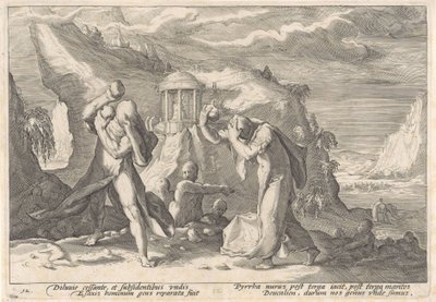 Deucalion i Pyrrha tworzą nową rasę ludzką Metamorfozy Owidiusza (tytuł serii) autorstwa Hendrick Goltzius (workshop of)
