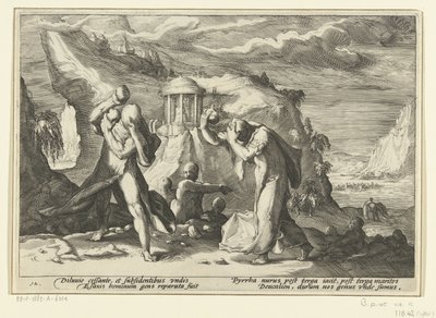 Deucalion i Pyrrha tworzą nową rasę ludzką Metamorfozy Owidiusza (tytuł serii) autorstwa Hendrick Goltzius (workshop of)