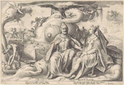 Dyskusja między Jowiszem a Juno Metamorfozy Owidiusza (tytuł serii) autorstwa Hendrick Goltzius (workshop of)
