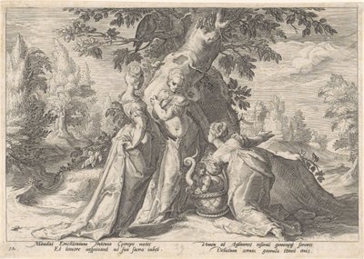 Córki Cecropsa otwierają kosz Minerwy . Metamorfozy Owidiusza (tytuł serii) autorstwa Hendrick Goltzius (workshop of)
