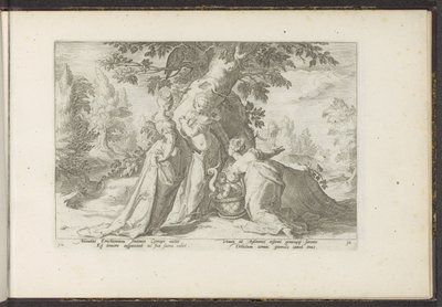 Córki Cecropsa otwierają kosz Minerwy . Metamorfozy Owidiusza (tytuł serii) Odtworzenia P. Ovidiusa Naso (tytuł serii) autorstwa Hendrick Goltzius (workshop of)