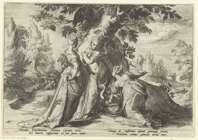 Córki Cecropsa otwierają kosz Minerwy . Metamorfozy Owidiusza (tytuł serii) autorstwa Hendrick Goltzius (workshop of)