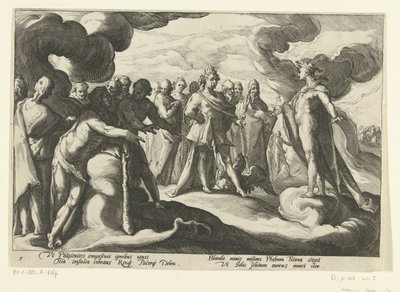 Bogowie proszą boga słońca, aby ponownie jeździł jego rydwanem Metamorfozy Owidiusza (tytuł serii) autorstwa Hendrick Goltzius (workshop of)