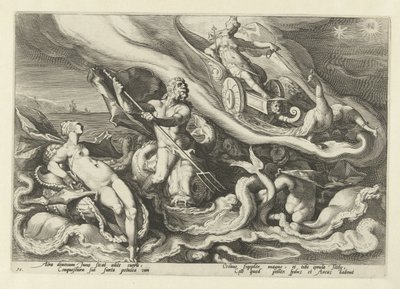 Juno skarży się Tetydzie i Oceanusowi Metamorfozy Owidiusza (tytuł serii) autorstwa Hendrick Goltzius (workshop of)