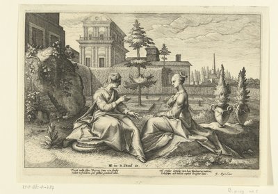 Juno zbliża się do Semele w przebraniu Beroe Metamorfozy Owidiusza (tytuł serii) autorstwa Hendrick Goltzius (workshop of)