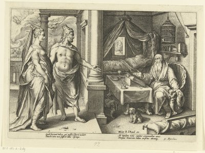 Juno i Jupiter konsultują się z Tiresias Metamorfozy Owidiusza (tytuł serii) autorstwa Hendrick Goltzius (workshop of)