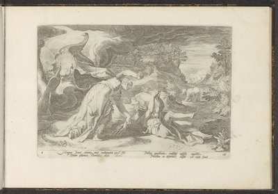 Juno zamienia Callisto w niedźwiedzia Metamorfozy Owidiusza (tytuł serii) Odtworzenia P. Ovidiusa Naso (tytuł serii) autorstwa Hendrick Goltzius (workshop of)