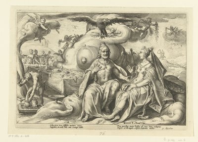 Jowisz i Junona dyskutują, która z płci ma większą żądzę miłości Metamorfozy Owidiusza (tytuł serii) autorstwa Hendrick Goltzius (workshop of)