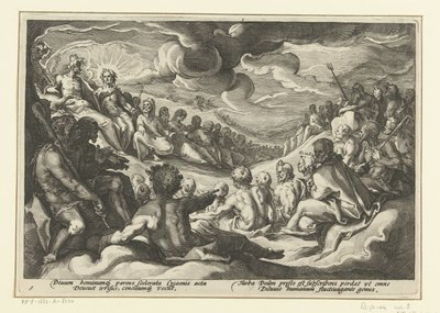 Jowisz przywołuje bogów olimpijskich Metamorfozy Owidiusza (tytuł serii) autorstwa Hendrick Goltzius (workshop of)