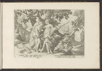 Jowisz uwodzi Callisto pod postacią Diany Metamorfozy Owidiusza (tytuł serii) Odtworzenia P. Ovidiusa Naso (tytuł serii) autorstwa Hendrick Goltzius (workshop of)