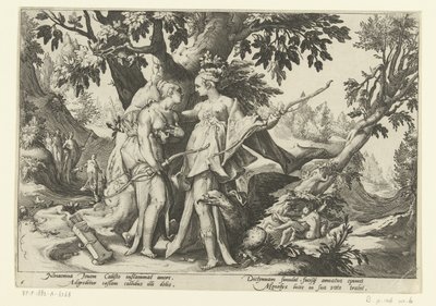 Jowisz uwodzi Callisto pod postacią Diany Metamorfozy Owidiusza (tytuł serii) autorstwa Hendrick Goltzius (workshop of)