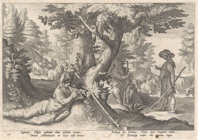 Merkury zamienia Battusa w kamień Metamorfozy Owidiusza (tytuł serii) autorstwa Hendrick Goltzius (workshop of)