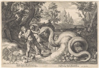Towarzysze Kadmusa pożarte przez smoka Metamorfozy Owidiusza (tytuł serii) autorstwa Hendrick Goltzius (workshop of)