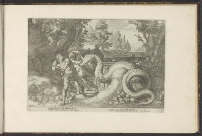 Towarzysze Kadmusa pożarte przez smoka Metamorfozy Owidiusza (tytuł serii) Odtworzenia P. Ovidiusa Naso (tytuł serii) autorstwa Hendrick Goltzius (workshop of)