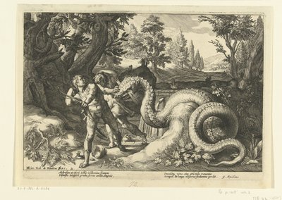 Towarzysze Kadmusa pożarte przez smoka Metamorfozy Owidiusza (tytuł serii) autorstwa Hendrick Goltzius (workshop of)