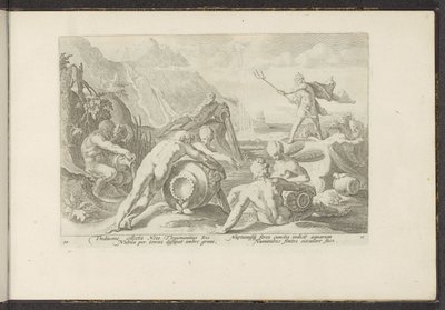 Neptun i bogowie rzeki powodują powódź Metamorfozy Owidiusza (tytuł serii) Odtworzenia P. Ovidiusa Naso (tytuł serii) autorstwa Hendrick Goltzius (workshop of)