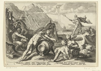 Neptun i bogowie rzeki powodują powódź Metamorfozy Owidiusza (tytuł serii) autorstwa Hendrick Goltzius (workshop of)