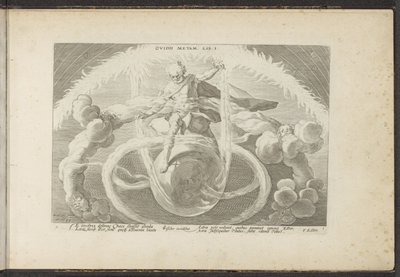 Porządek w chaosie Stworzenie czterech żywiołów Ovidii Metam. lib. I (tytuł na przedmiocie) Metamorfozy Owidiusza (tytuł serii) Odtworzenia P. Ovidiusa Naso (tytuł serii) autorstwa Hendrick Goltzius (workshop of)