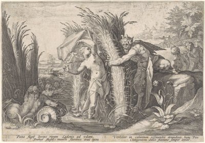 Pan en Syrigs Przekształcony van Ovid (tytuł serii) autorstwa Hendrick Goltzius (workshop of)