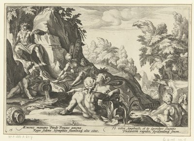 Peneus odwiedzany przez innych bogów rzecznych Metamorfozy Owidiusza (tytuł serii) autorstwa Hendrick Goltzius (workshop of)