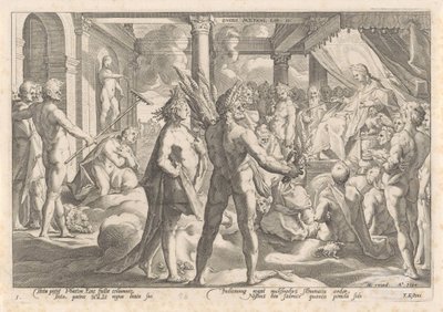 Phaethon pyta Apolla, czy może jeździć swoim rydwanem Metamorfozy Owidiusza (tytuł serii) autorstwa Hendrick Goltzius (workshop of)