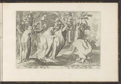 Siostry Phaethona zamieniają się w topole, a jego przyjaciel w łabędzia Metamorfozy Owidiusza (tytuł serii) Odtworzenia P. Ovidiusa Naso (tytuł serii) autorstwa Hendrick Goltzius (workshop of)