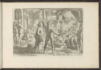 Phaëton w het paleis van Helios Meta Owidiusza. Lib. II (tytuł na obiekcie) Metamorfosen Owidiusza (tytuł serii) Herscheppingen van P. Ovidius Naso (tytuł serii) autorstwa Hendrick Goltzius (workshop of)
