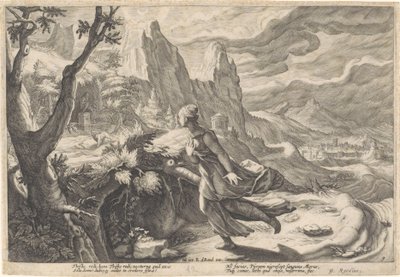 Thisbe ucieka przed lwicą Metamorfozy Owidiusza (tytuł serii) autorstwa Hendrick Goltzius (workshop of)