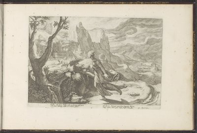 Thisbe ucieka przed lwem Metamorfozy Owidiusza (tytuł serii) Odtworzenia P. Ovidiusa Naso (tytuł serii) autorstwa Hendrick Goltzius (workshop of)