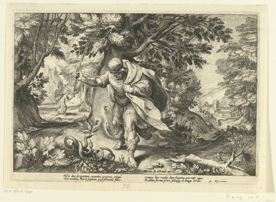 Terezjasz uderza w dwa parujące się węże Metamorfozy Owidiusza (tytuł serii) autorstwa Hendrick Goltzius (workshop of)