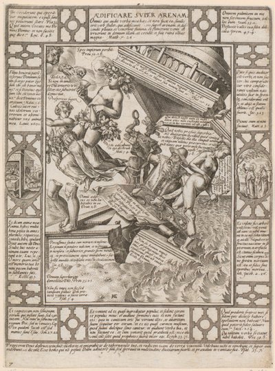 Aedificare super Arenam, arkusz 7 z cyklu „Alegorie wiary chrześcijańskiej” autorstwa Hendrick Goltzius