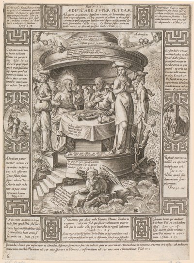 Budować na skale, plansza 6 z cyklu „Alegorie wiary chrześcijańskiej” autorstwa Hendrick Goltzius