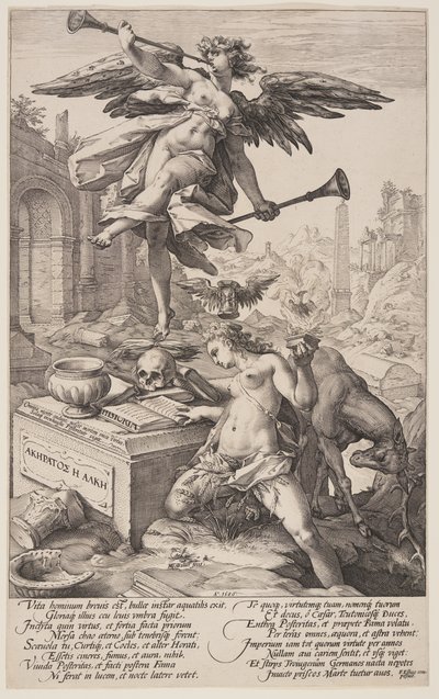 Alegoria sławy i historii, z "Bohaterów rzymskich autorstwa Hendrick Goltzius