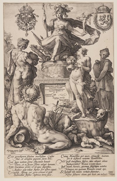Alegoria Rzymu, plansza tytułowa z książki The Roman Heroes autorstwa Hendrick Goltzius